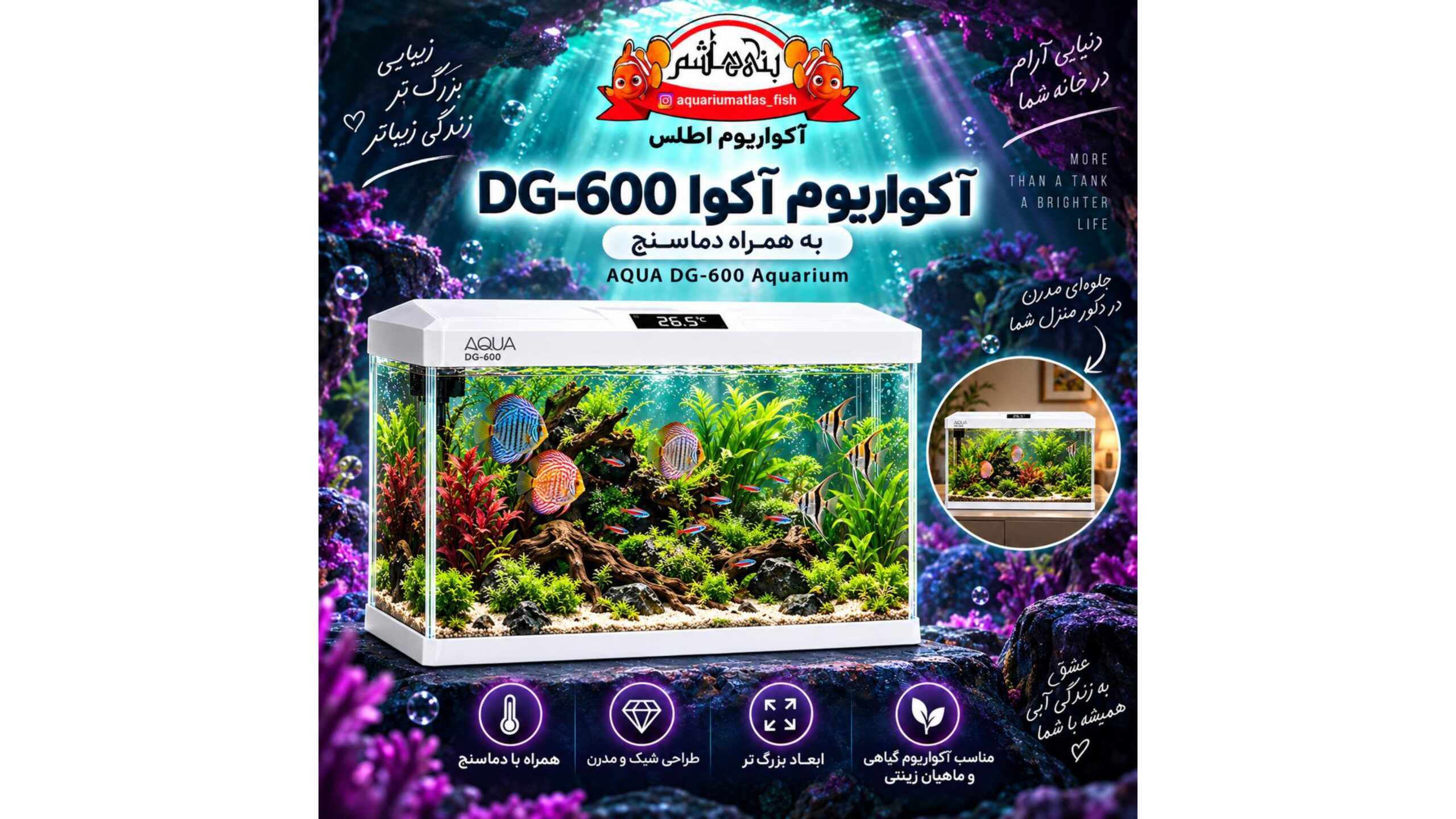 آکواریوم آکوا مدل DG-600 به همراه دماسنج