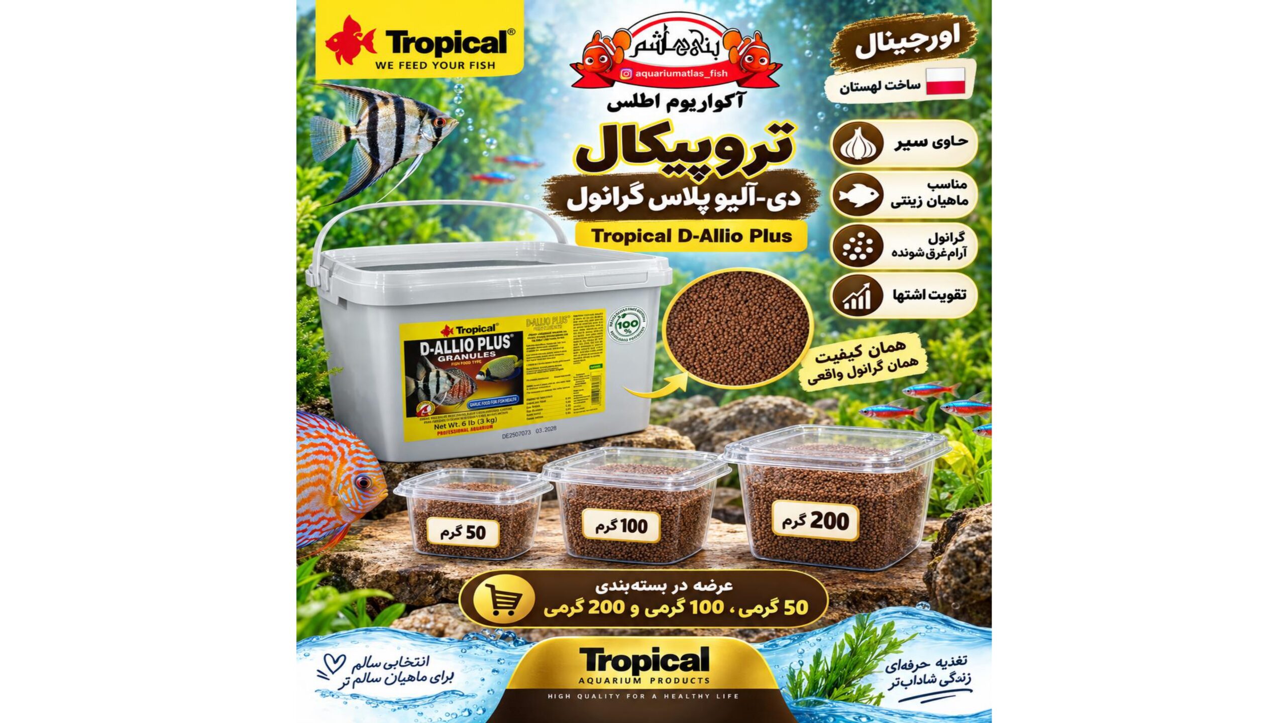 غذای ماهی تروپیکال دی-آلیو پلاس در بسته بندی های 50گرمی- 100گرمی- 200گرمی     Tropical D-Allio Plus Granules