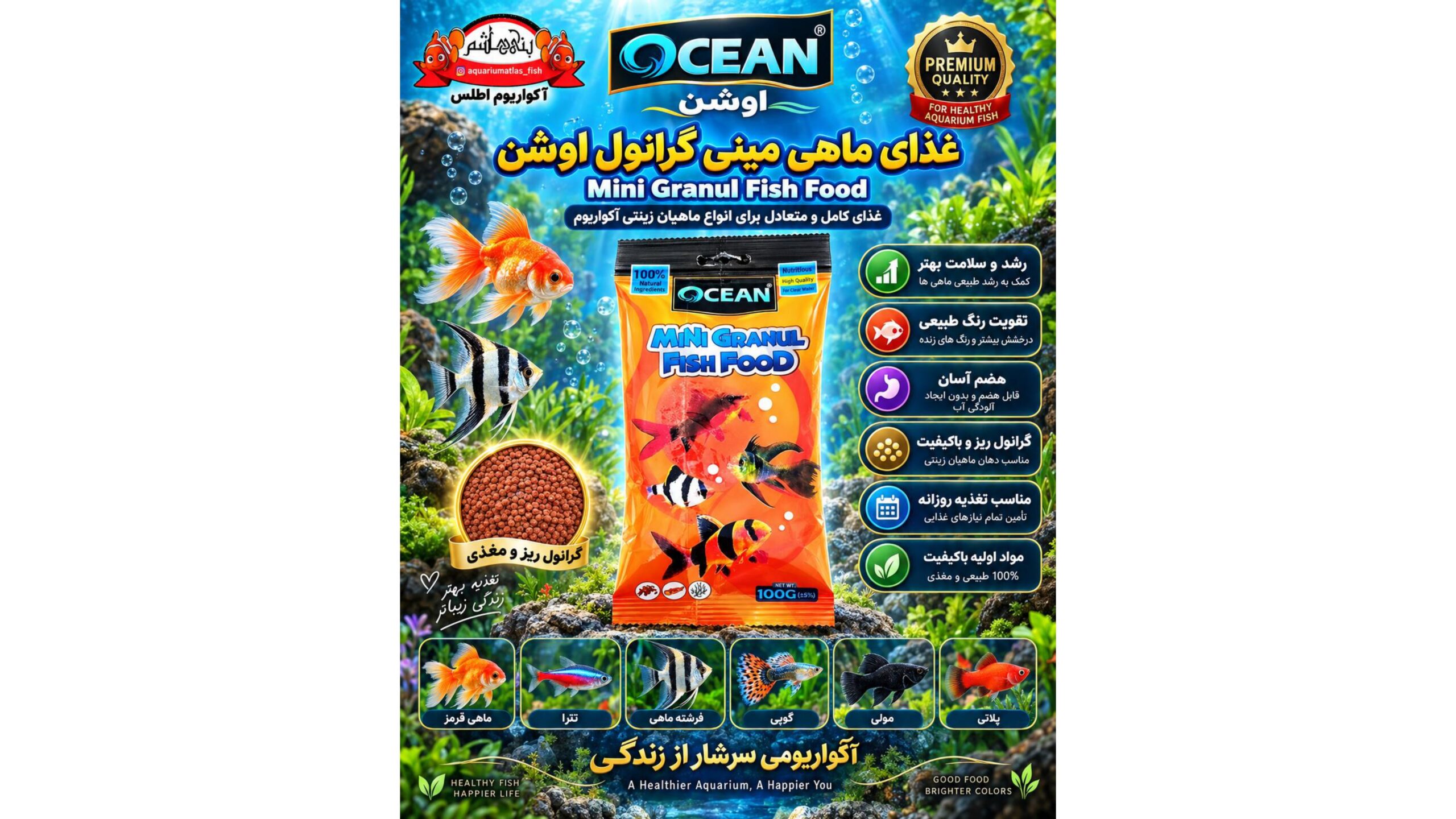 غذای مینی گرانول اوشن مخصوص ماهیان زینتی – ۱۰۰ گرم       OCEAN Mini Granule Fish Food 100g