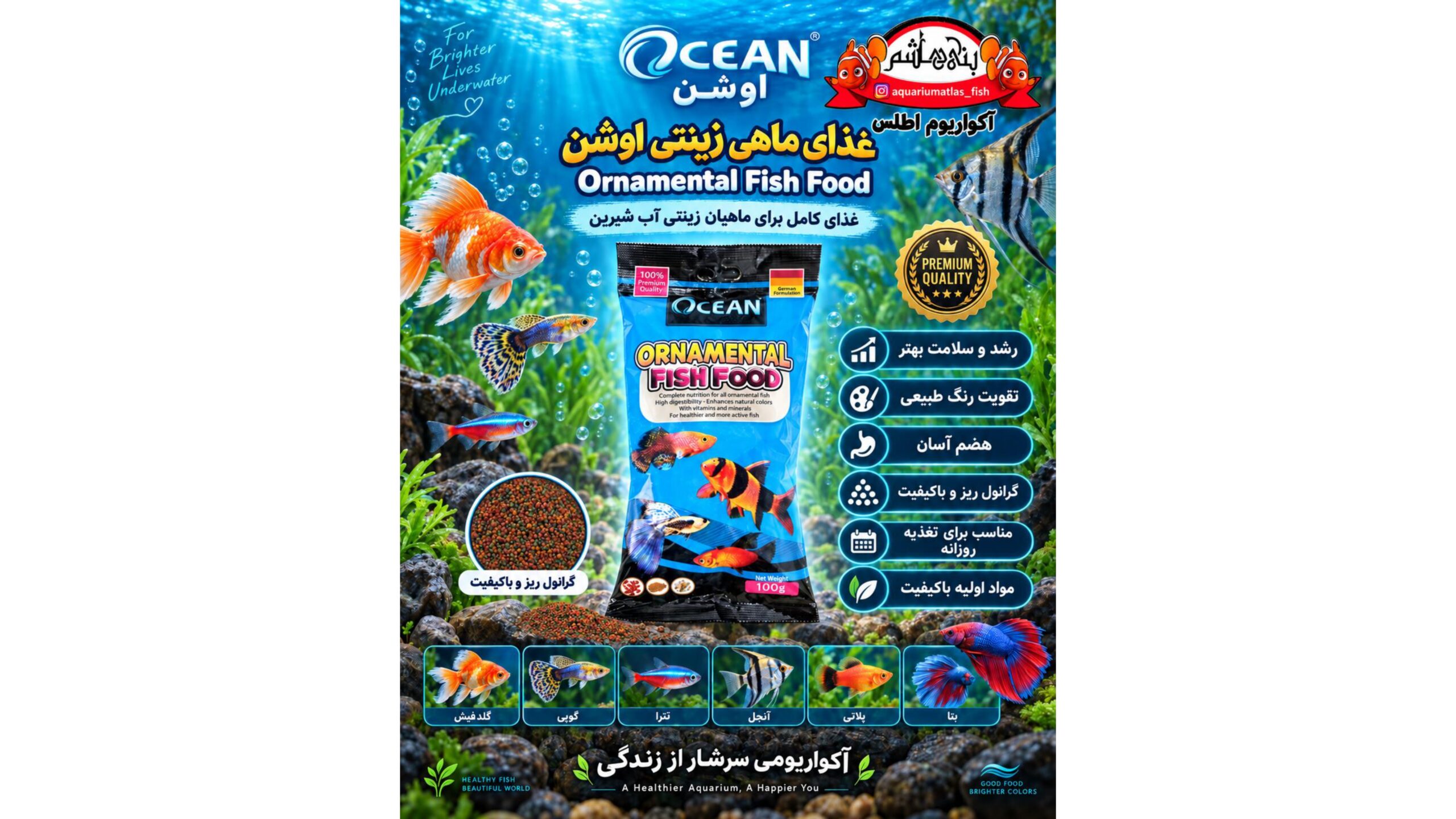غذای گرانولی مخصوص ماهیان زینتی آب شیرین اوشن در بسته بندی پاکتی    OCEAN Ornamental Fish Food