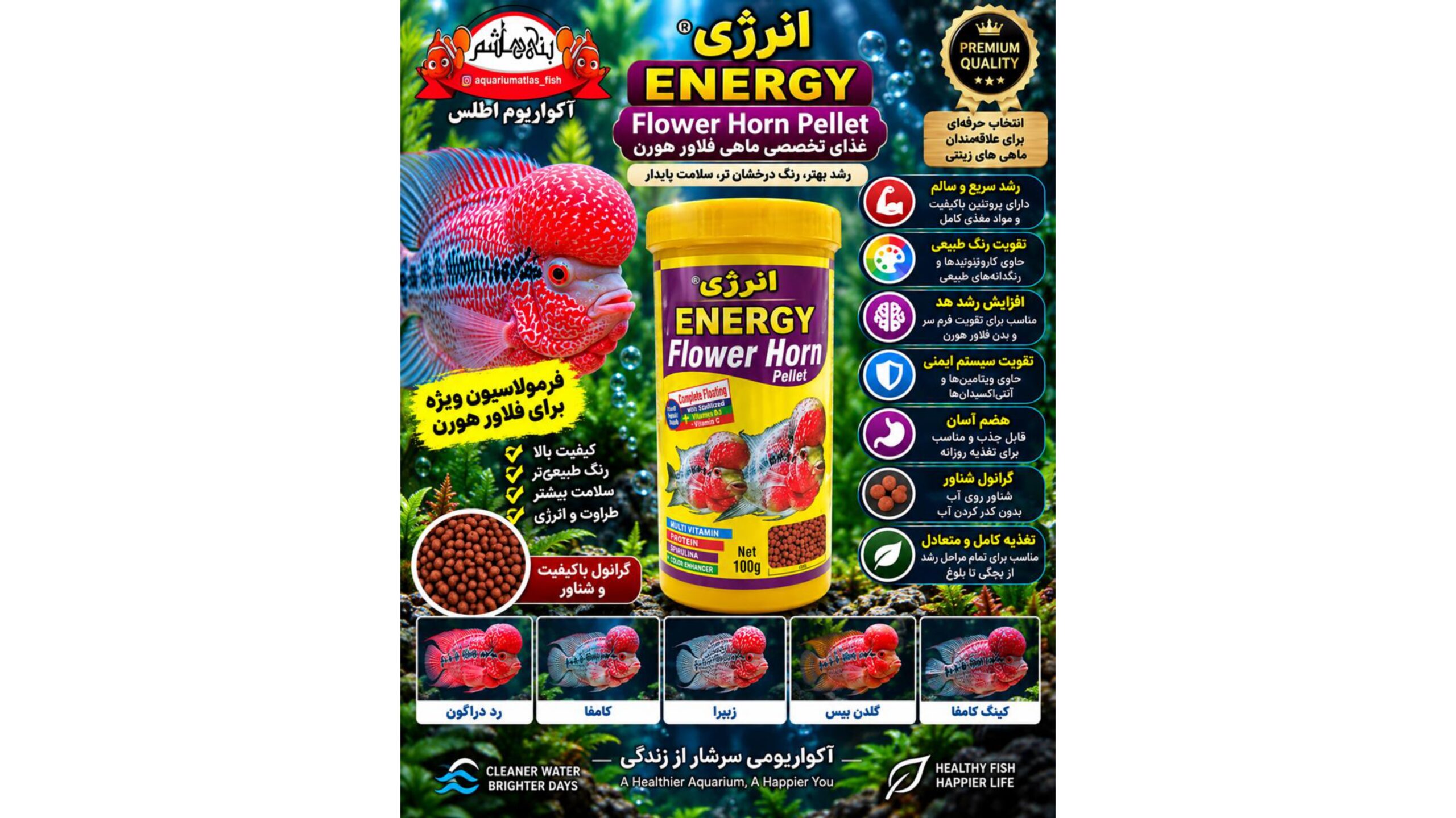 غذای ماهی فلاورهورن گرانولی شناور تخصصی فلاورهورن انرژی – ۱۰۰ گرم        ENERGY Flower Horn Pellet 100g