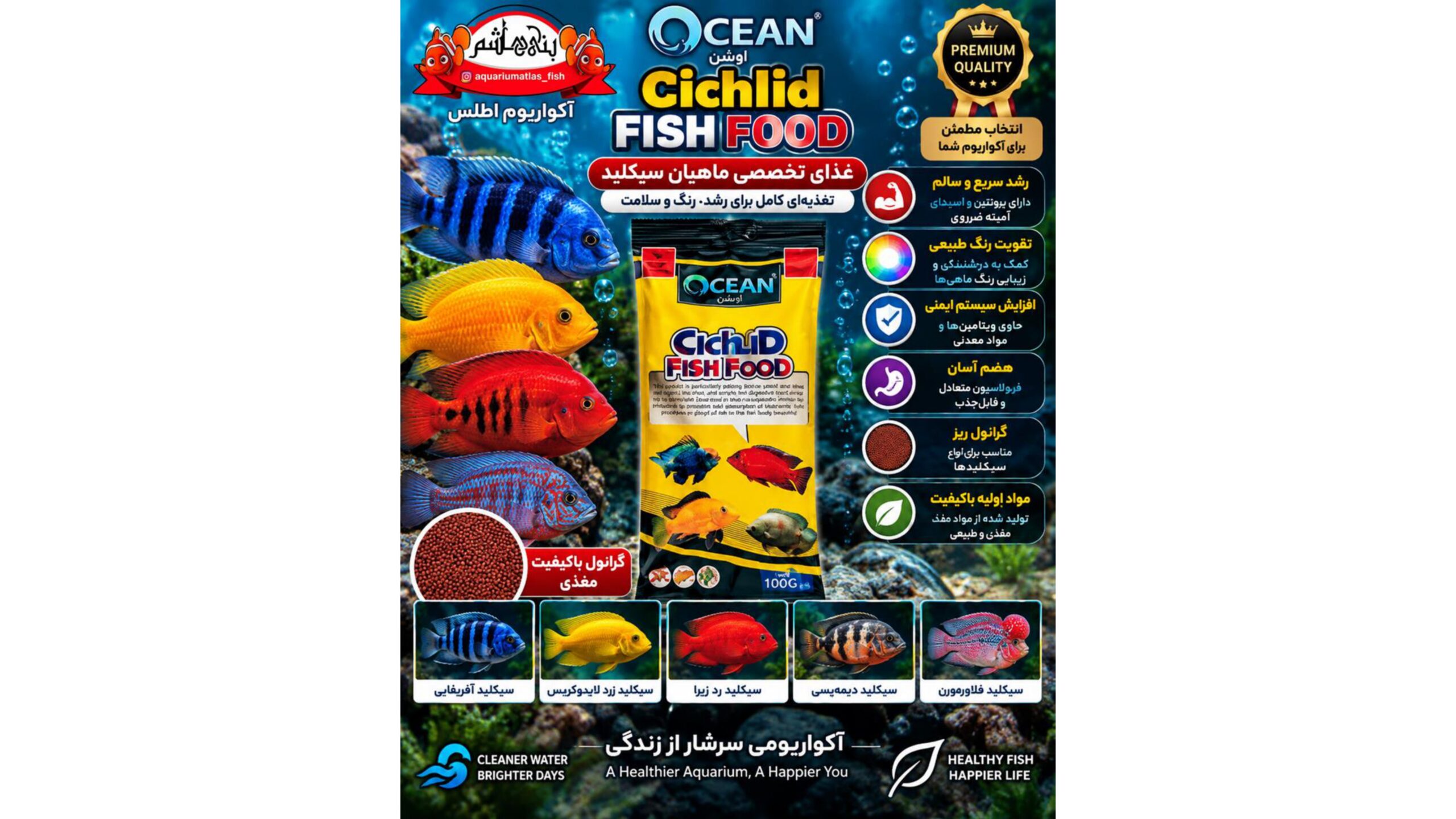 غذای گرانولی مخصوص ماهیان سیکلید اوشن در بسته بندی پاکتی    OCEAN Cichlid Fish Food