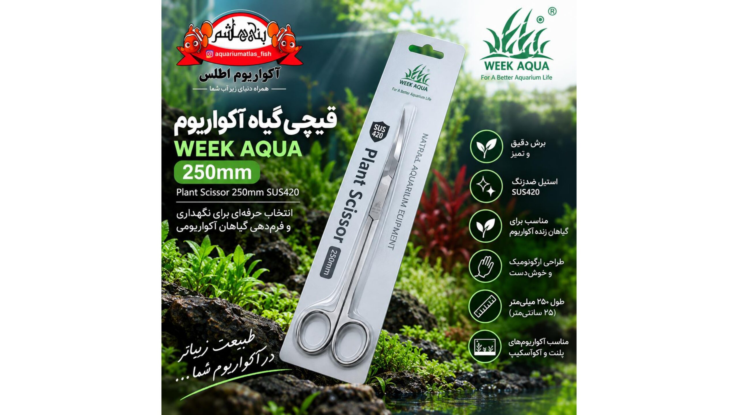 قیچی گیاه آکواریوم ویک آکوا WEEK AQUA Plant Scissor 250mm